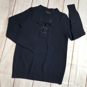 Banana Republic Wool Blend Sweater With Lace-Up Neckline Navy Woman’s Sz Medium